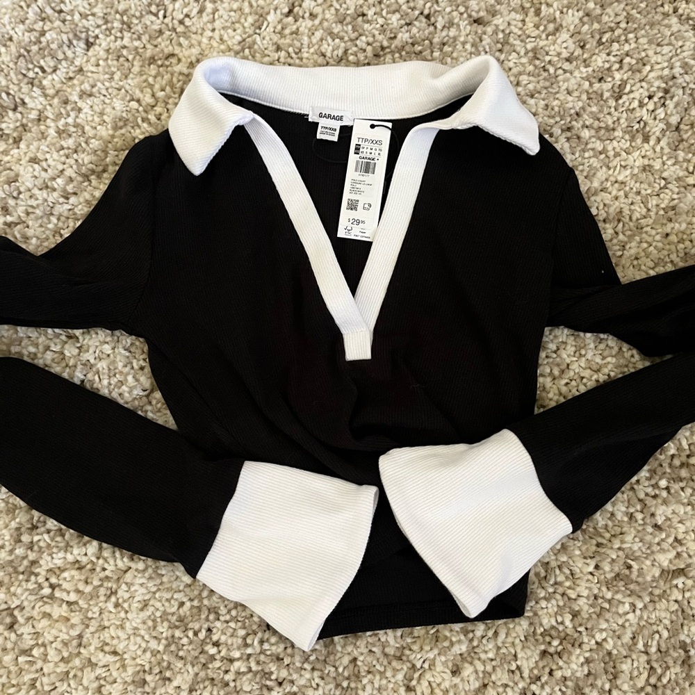 Garage black and white long sleeve polo